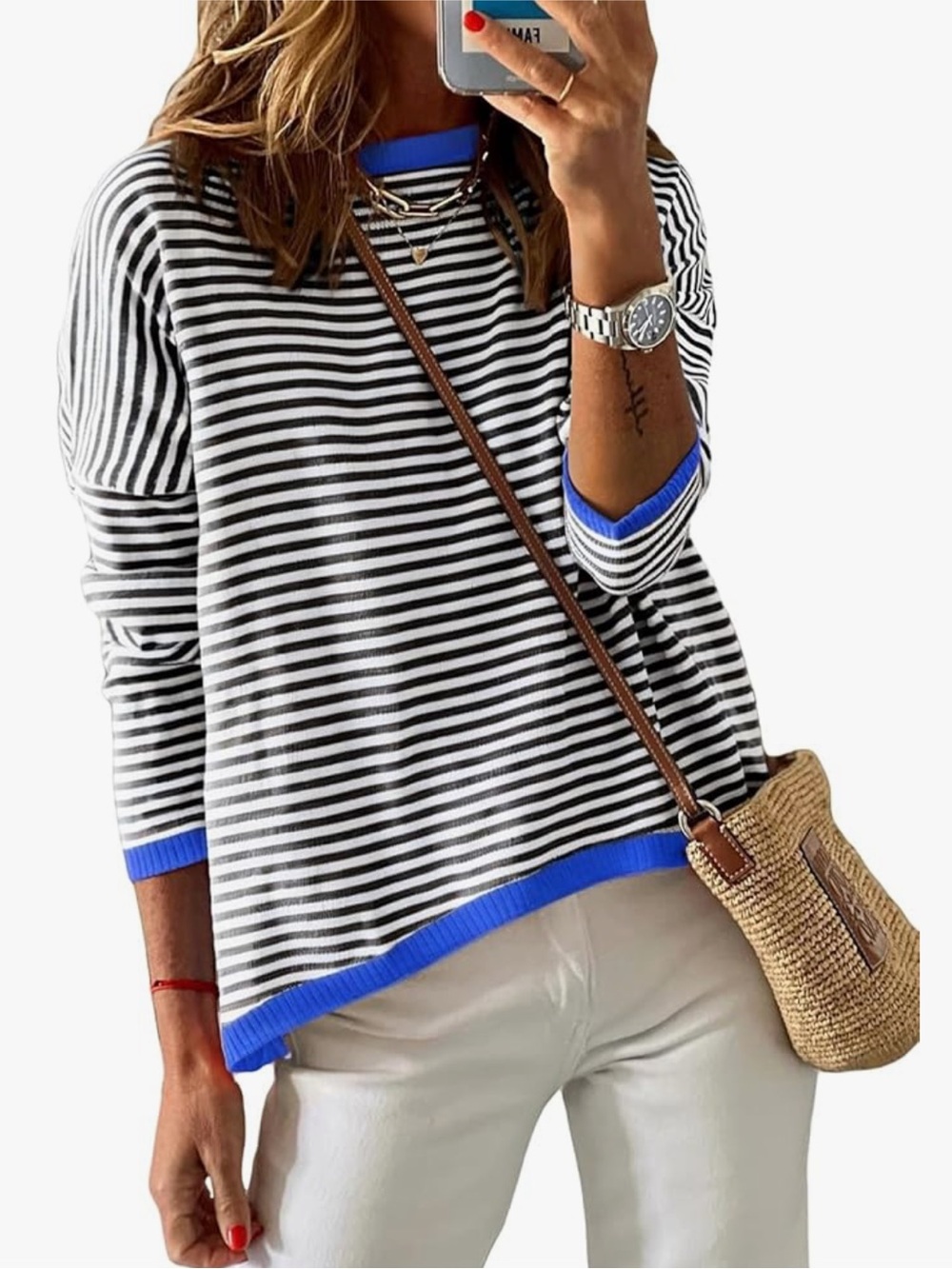 Dokotoo Sweater Black, White & Blue Striped Pullover Sweater Size S Long sleeve
